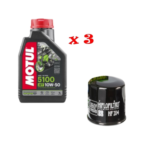 Kit Tagliando 3 LT Di Motul 5100 10w50 e Filtro Hiflo HF 204 per moto Honda Kawasaki MV Augusta Triumph Suzuki Yamaha - Kit Tagliando