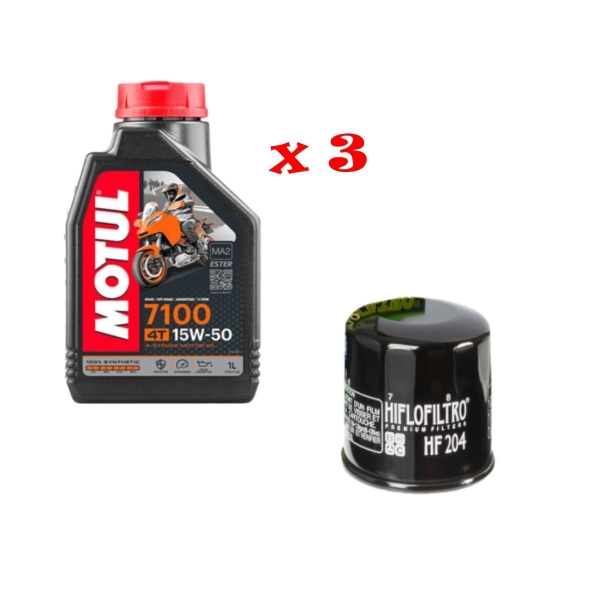 Kit Tagliando 3 LT Di Motul 7100 15w50 e Filtro Hiflo HF 204 per moto Honda Kawasaki MV Augusta Triumph Suzuki Yamaha - Kit Tagliando